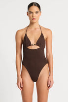 One size one piece with an open back, front cutout, and adjustable triangle cups in Chocolate Brown.