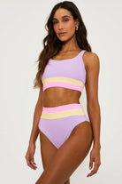 Sporty scoop neck ribbed top in lavender with pink and yellow color blocking