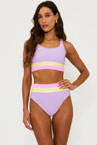 Sporty scoop neck ribbed top in lavender with pink and yellow color blocking