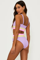 Sporty scoop neck ribbed top in lavender with pink and yellow color blocking