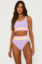Sporty scoop neck ribbed top in lavender with pink and yellow color blocking
