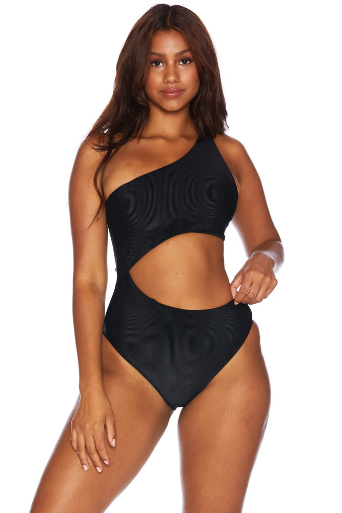 
                  
                    Black Ribbed Asymmetrical One Shoulder One Piece
                  
                
