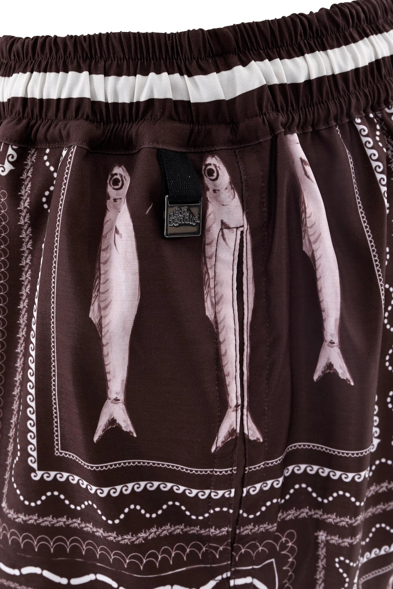 Men's swim trunks in brown and white print