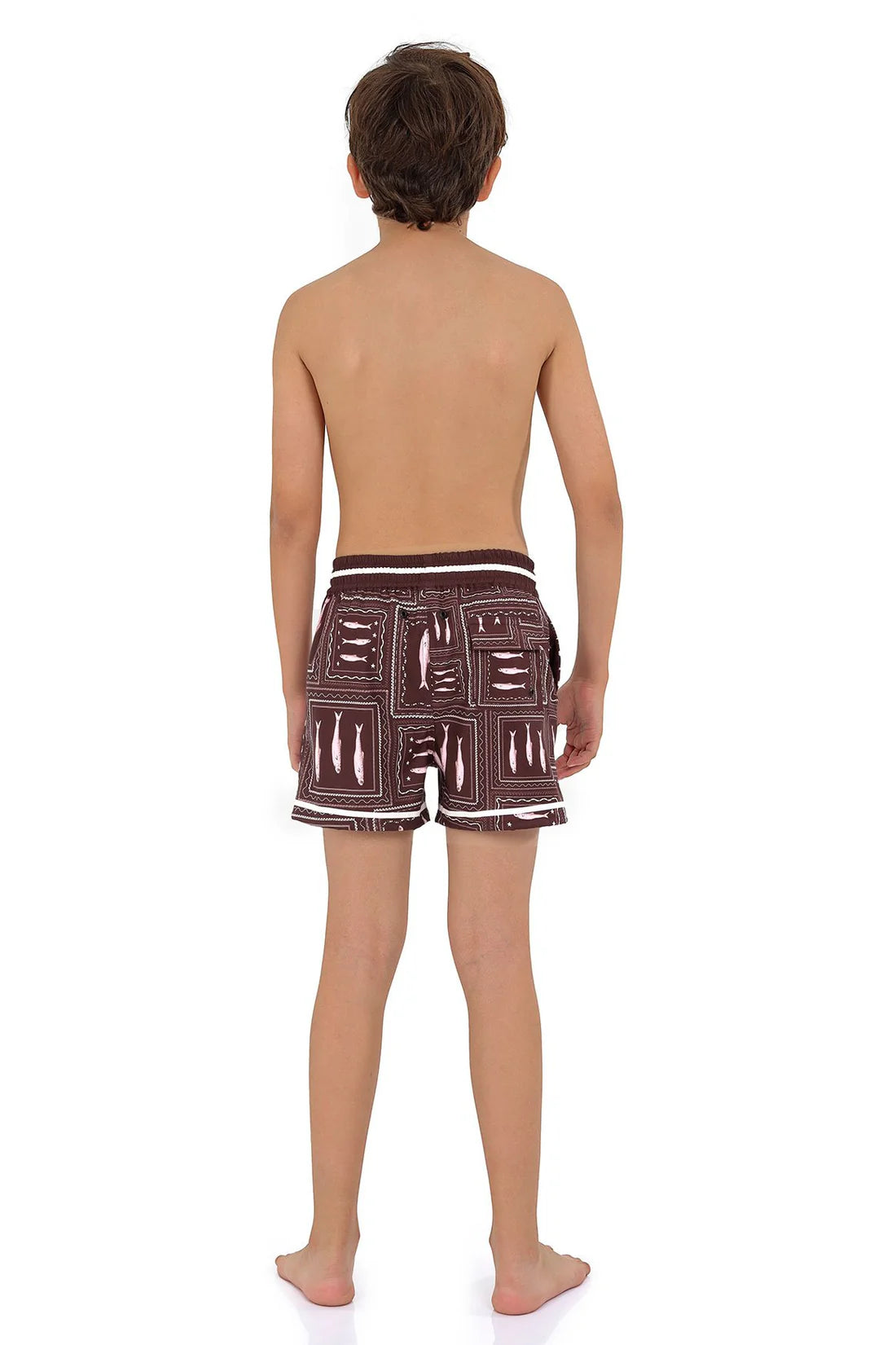 Boys swim trunks in brown wih white print