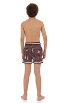 Boys swim trunks in brown wih white print