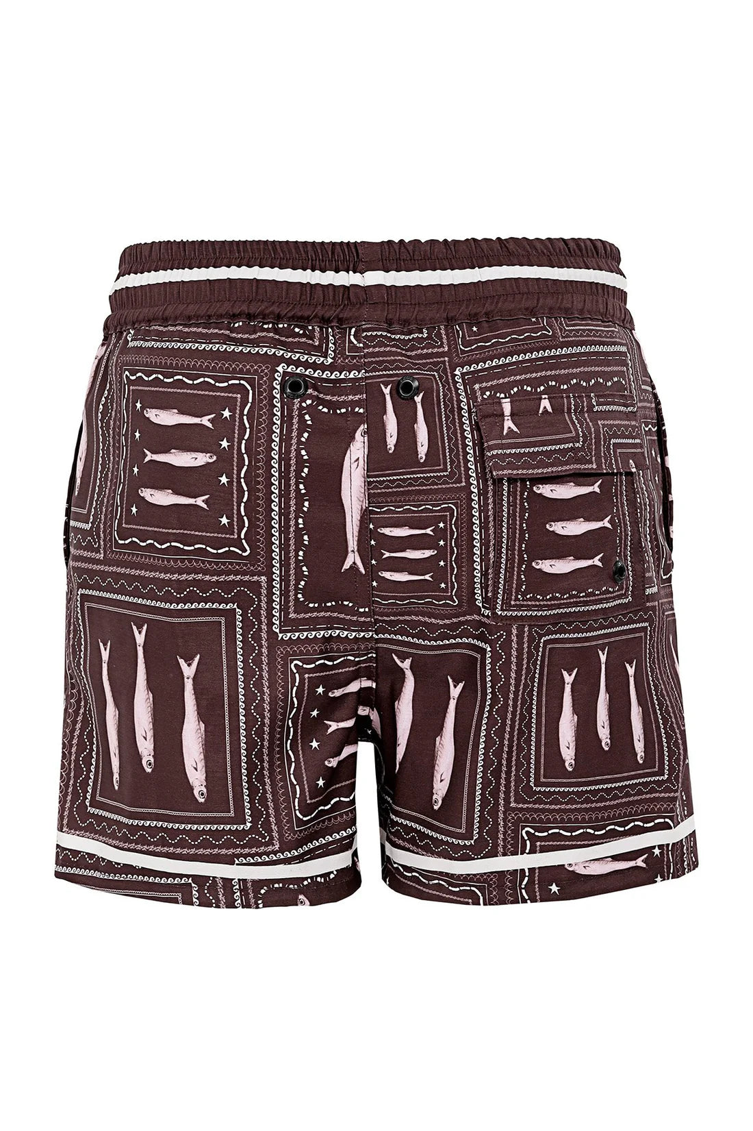 Boys swim trunks in brown wih white print