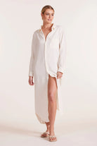 Collared button down shirt dress in off white