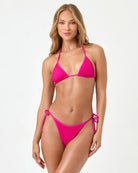 Hot pink tie side bikini bottom with crochet overlay