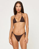 Brown tie side bikini bottom with crochet overlay 