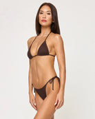Adjustable brown triangle top with crochet overlay 