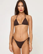 Brown tie side bikini bottom with crochet overlay 