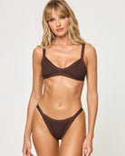 Latin cut bottom with thin strap sides and crochet overlay in Espresso Brown