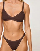 Scoop neck top with thick shoulder straps and crochet overlay in Espresso Brown