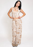 Wide leg drawstring pants in brown print