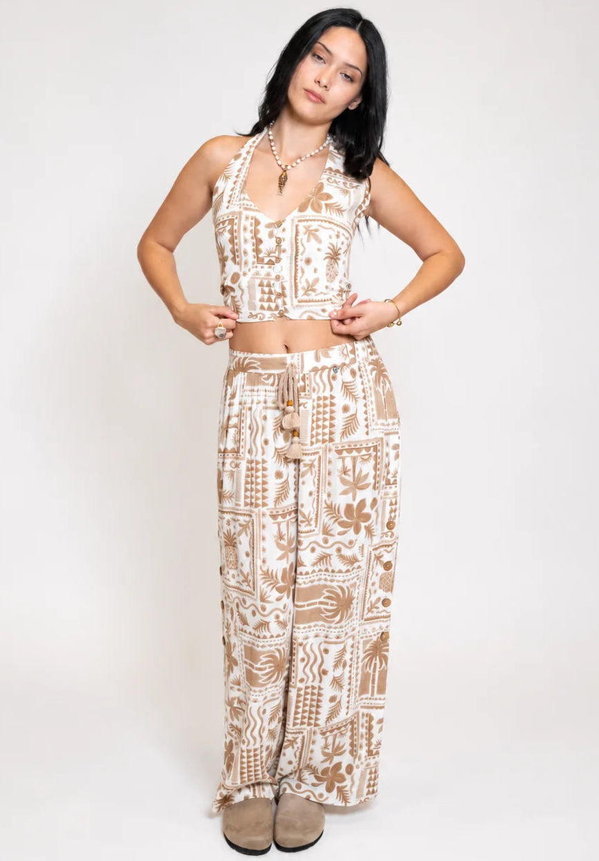 Wide leg drawstring pants in brown print