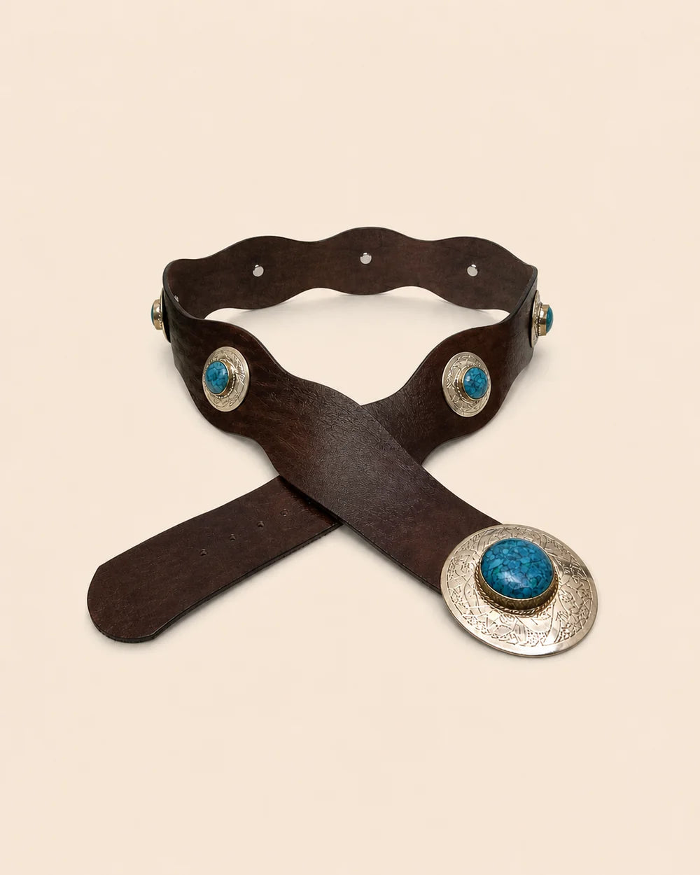 Brown Leather Belt With Turquoise Stones