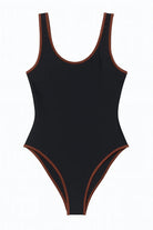 Black low back one piece with brown trim