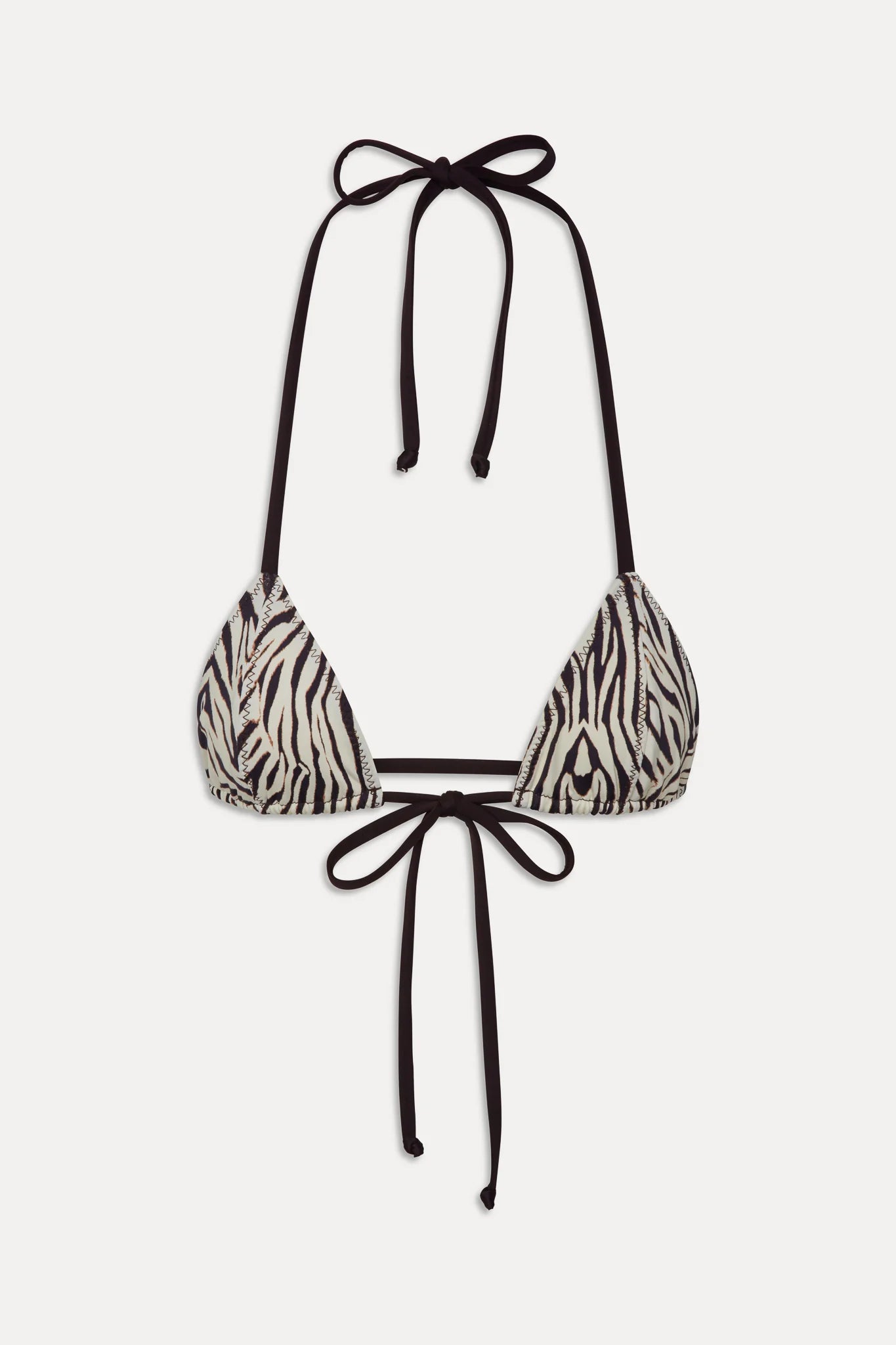 Adjustable triangle top with a tie front in brown zebra print