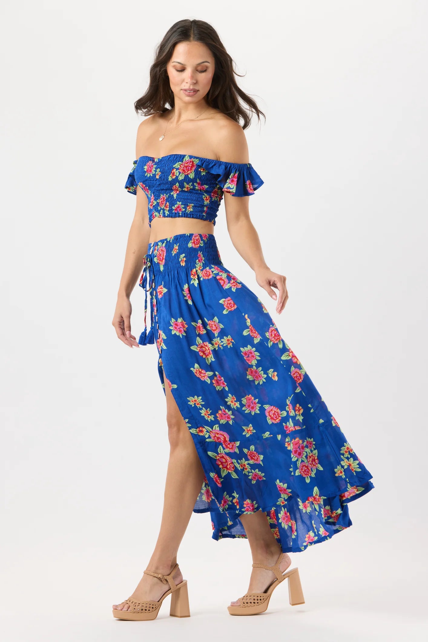Dark Blue Skirt With Floral Print