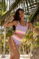 Sporty scoop neck ribbed top in lavender with pink and yellow color blocking