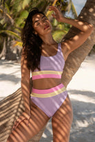 Sporty scoop neck ribbed top in lavender with pink and yellow color blocking