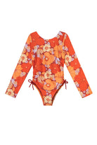 orange flower print long sleeve kids swimsuit