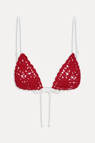 Adjustable crochet triangle bikini top in red with white straps