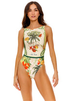 Tropical themed high neck swimsuit with floral and palm tree design 