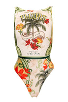 Tropical themed high neck swimsuit with floral and palm tree design 
