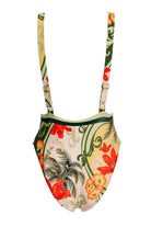 Tropical themed high neck swimsuit with floral and palm tree design 