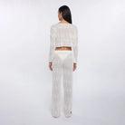 Sheer long sleeve crop top with tie front in ivory