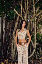 Wide leg drawstring pants in brown print