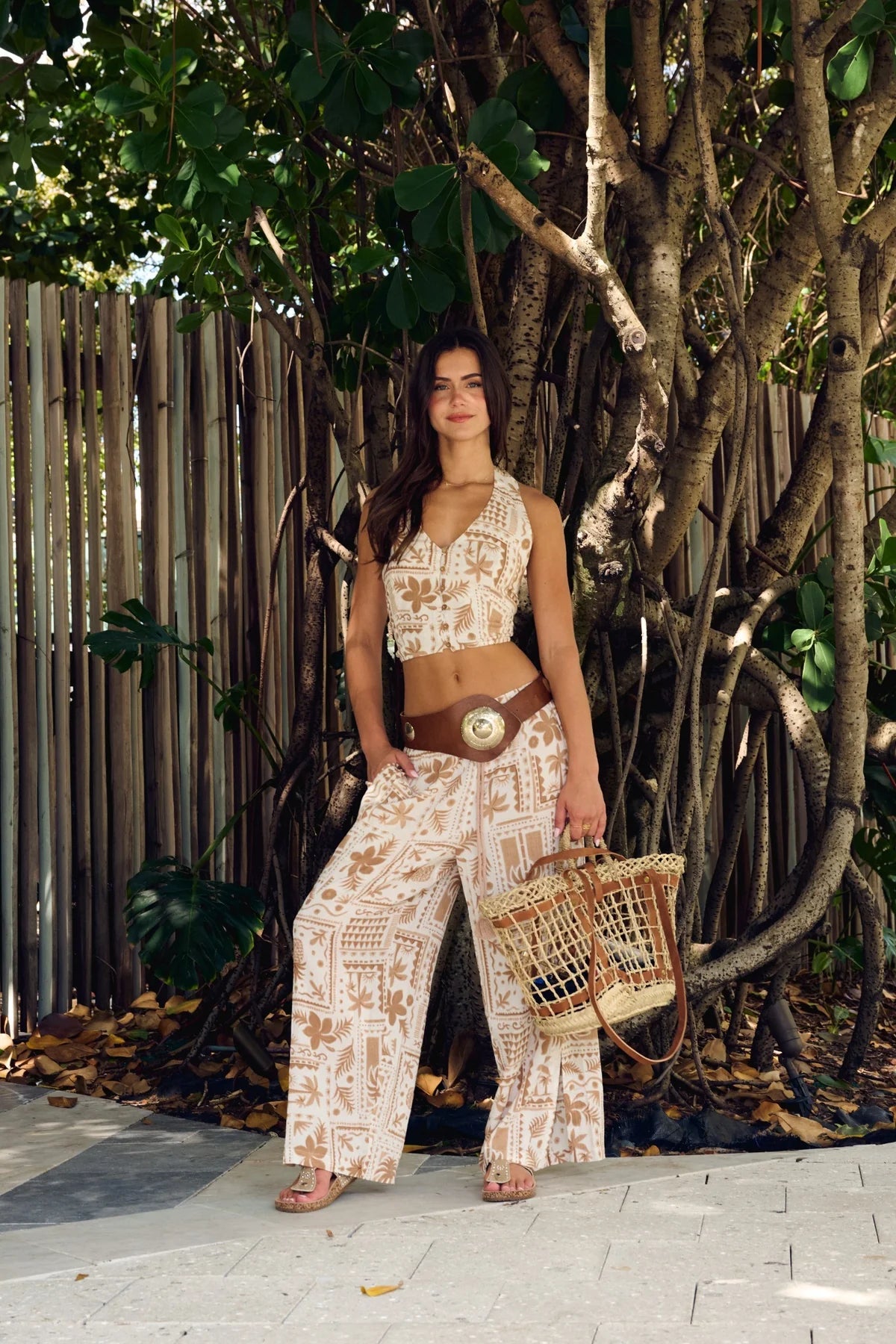 Wide leg drawstring pants in brown print