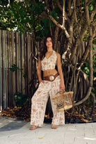 Wide leg drawstring pants in brown print