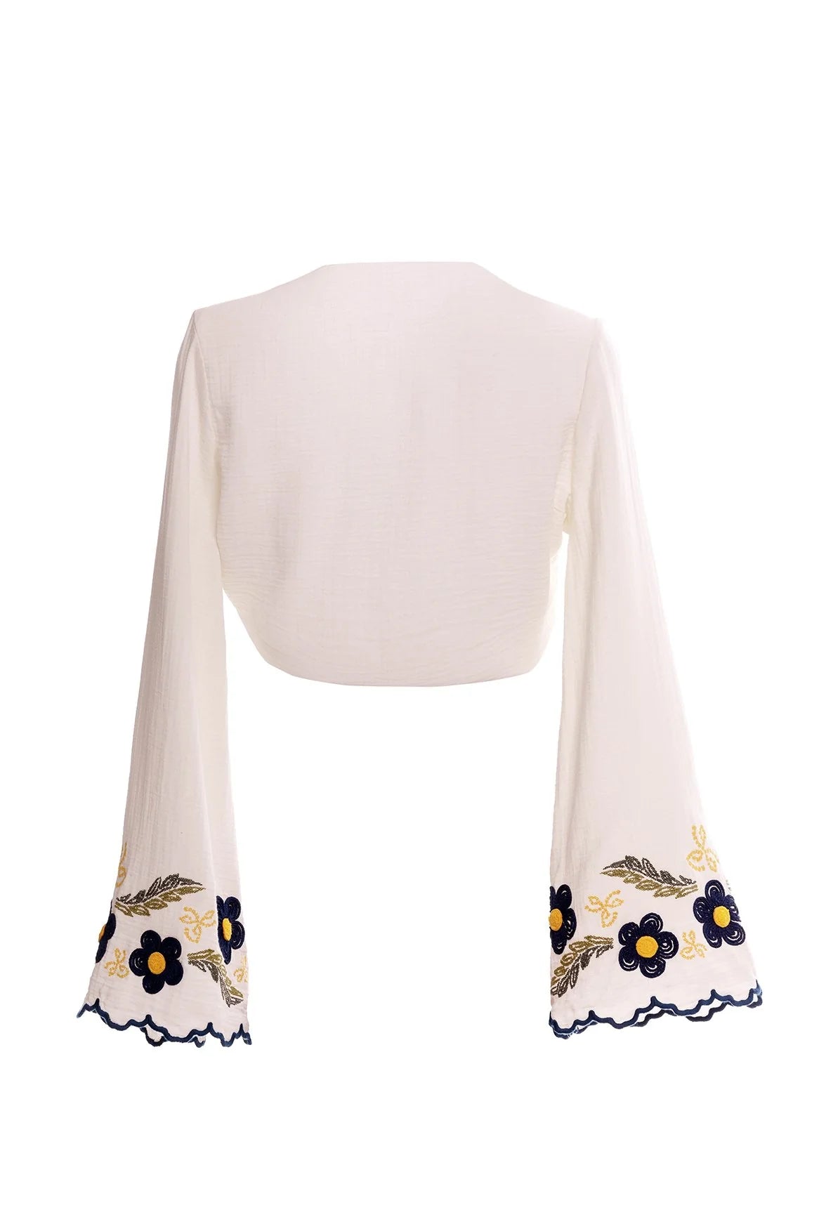 White top with long bell sleeves and blue and yellow floral embroidery