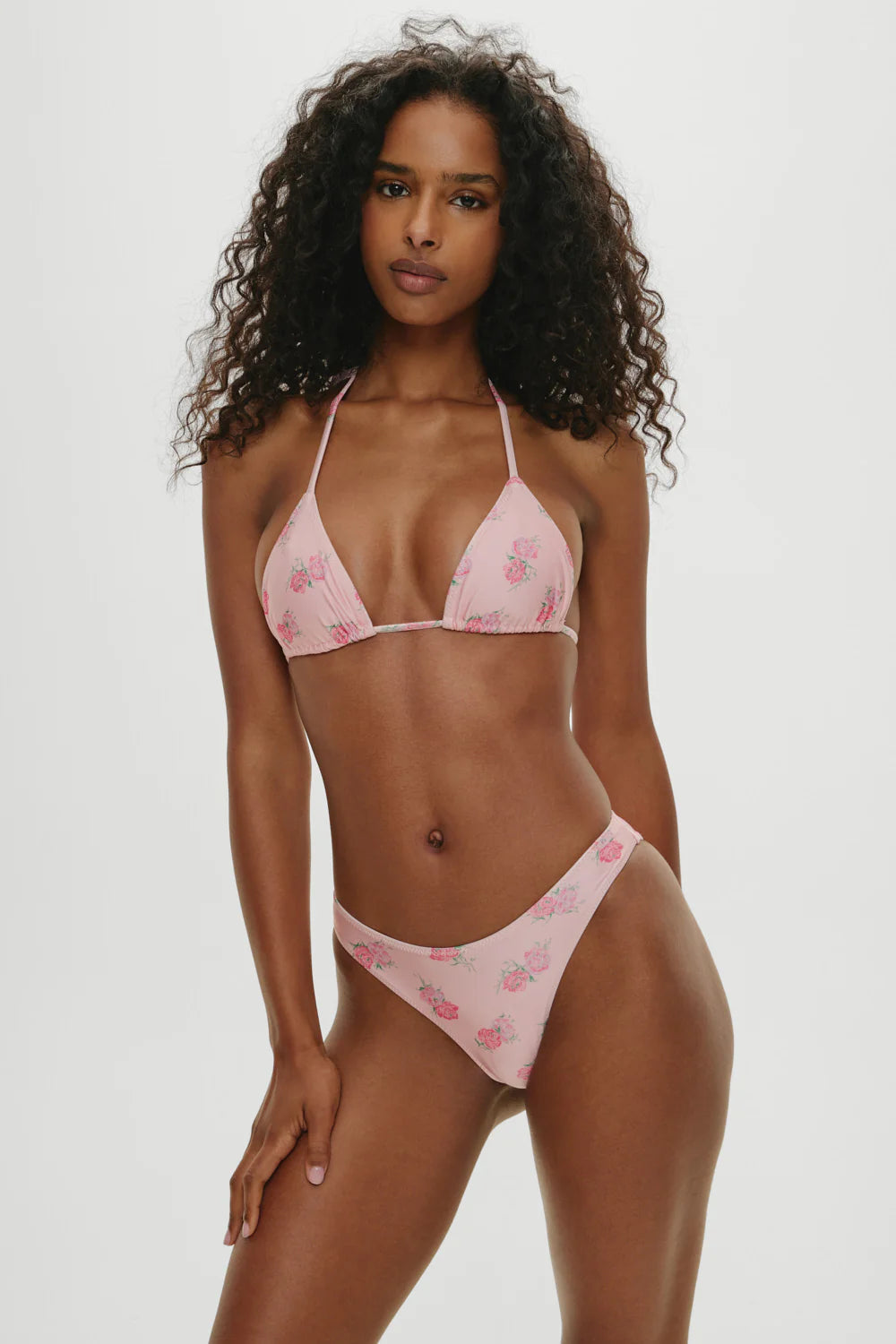 Pink floral print bottom with medium coverage in the back.