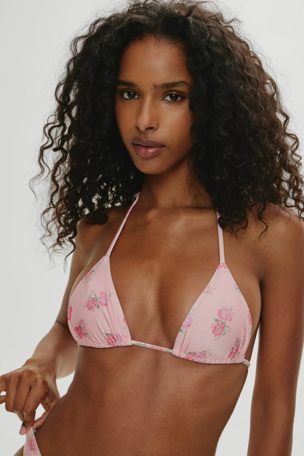 Adjustable triangle top in pink floral print.