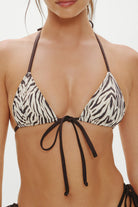 Adjustable triangle top with a tie front in brown zebra print