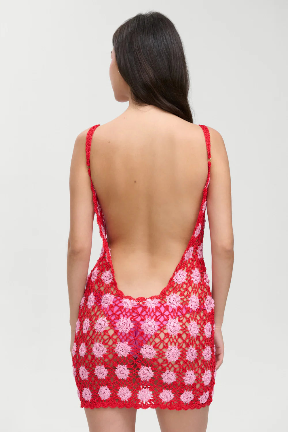 Open knit crochet coverup dress in red and pink