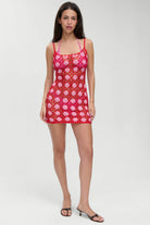Open knit crochet coverup dress in red and pink