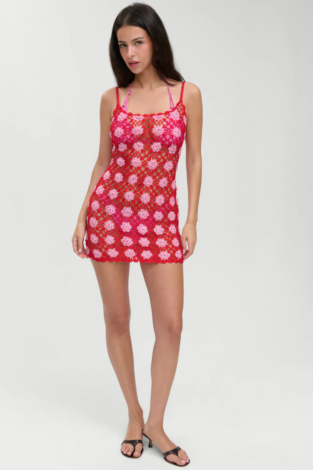 Open knit crochet coverup dress in red and pink
