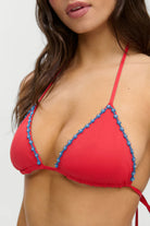 Adjustable triangle bikini top in red with blue beading