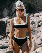 Square neckline ribbed bikini top in black and white
