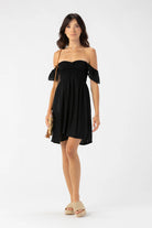 Short black dress with ruffled short sleeves