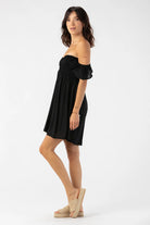Short black dress with ruffled short sleeves