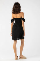 Short black dress with ruffled short sleeves