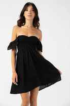 Short black dress with ruffled short sleeves