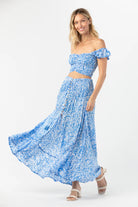 Blue printed button down skirt