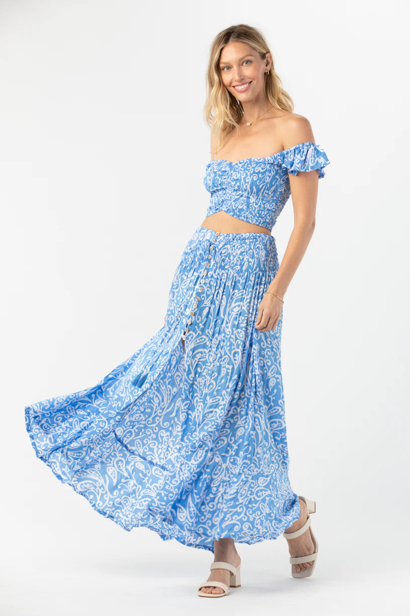 Blue printed button down skirt