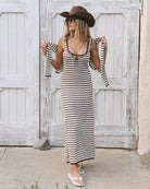 Striped maxi dress in brown and cream